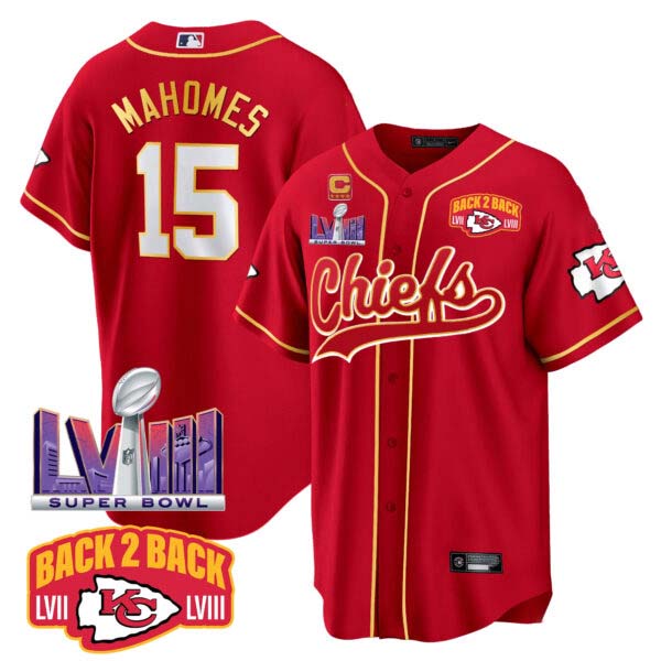 Men’s Chiefs Super Bowl LVIII & Back 2 Back Patch Baseball Jersey – All Stitched