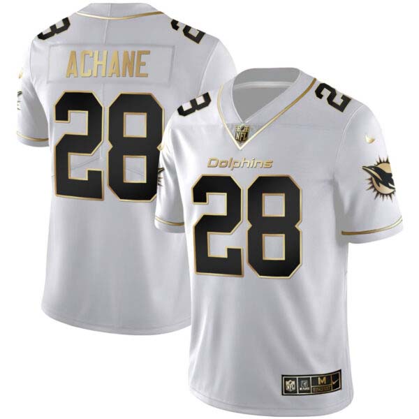 Men’s De’Von Achane #28 Dolphins White Gold Jersey – All Stitched