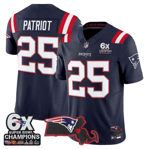 Men’s New England Patriots 6-Time Champions & Massachusetts Patch Vapor Limited Jersey – All Stitched