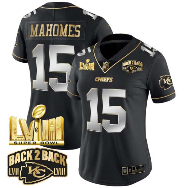 Women’s Chiefs Super Bowl LVIII & Back 2 Back Gold Patch Vapor Jersey V2 – All Stitched