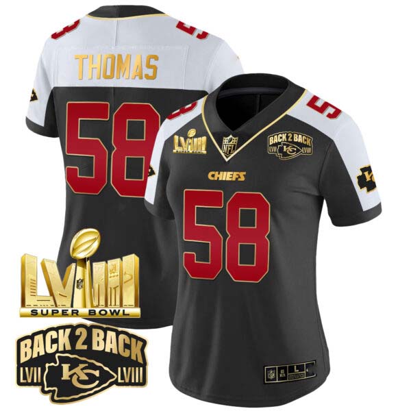 Women’s Chiefs Super Bowl LVIII & Back 2 Back Gold Patch Vapor Jersey – All Stitched