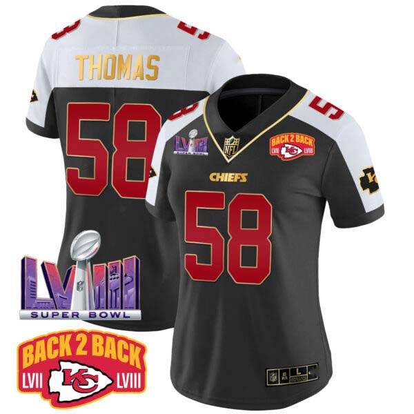 Women’s Chiefs Super Bowl LVIII & Back 2 Back Patch Vapor Jersey – All Stitched