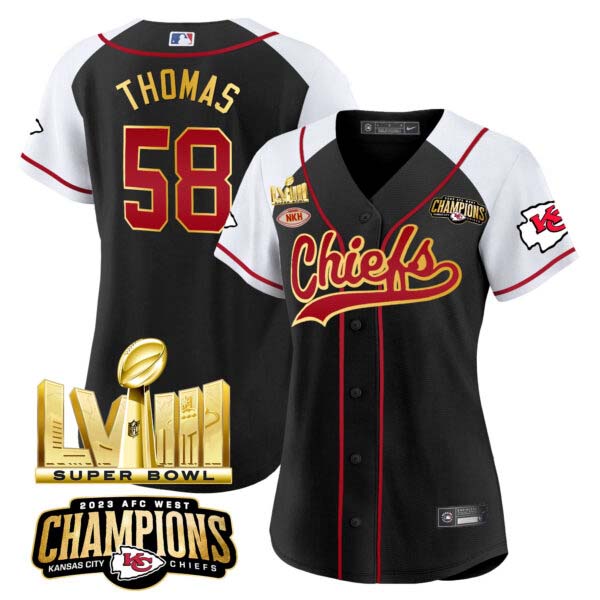 Women’s Chiefs AFC West Champions & Super Bowl LVIII Gold Patch Baseball Jersey – All Stitched
