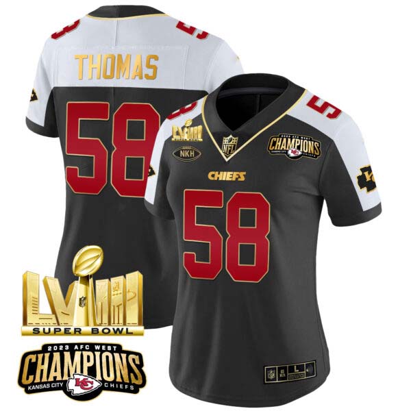 Women’s Chiefs AFC West Champions & Super Bowl LVIII Gold Patch Vapor Jersey – All Stitched