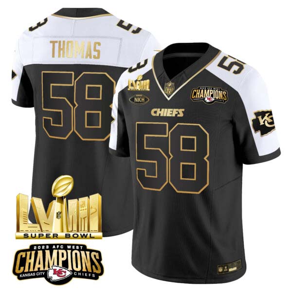 Men’s Chiefs AFC West Champions & Super Bowl LVIII Gold Patch Vapor Jersey V2 – All Stitched