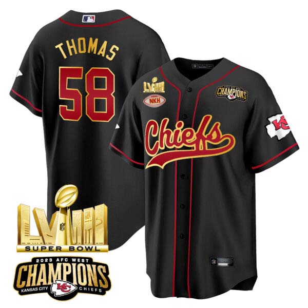 Men’s Chiefs AFC West Champions & Super Bowl LVIII Gold Patch Baseball Jersey – All Stitched
