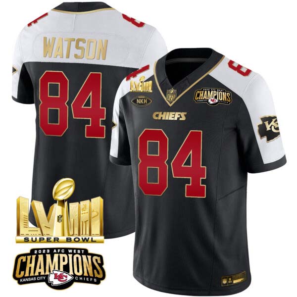 Men’s Chiefs AFC West Champions & Super Bowl LVIII Gold Patch Vapor Jersey – All Stitched