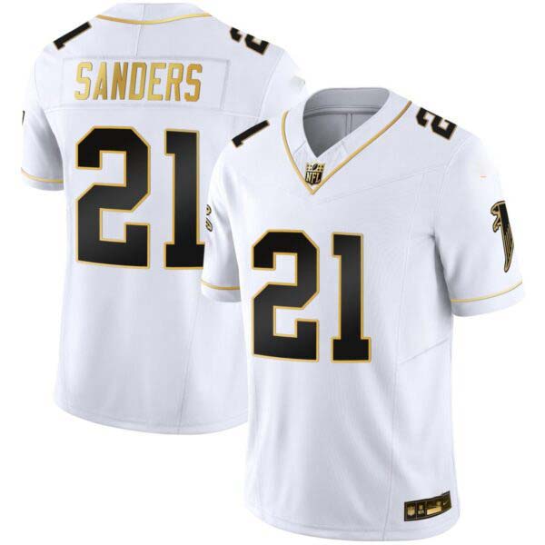 Deion Sanders Atlanta Falcons White Gold Jersey – All Stitched