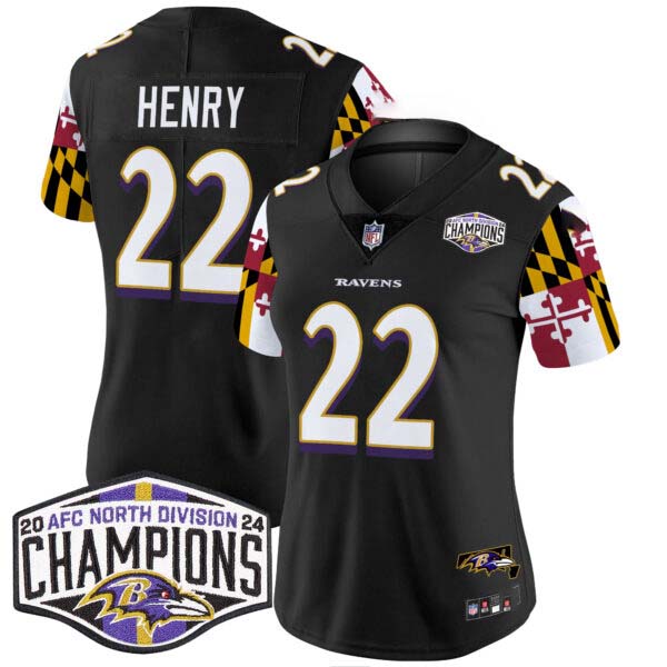 Women’s Ravens Maryland Flag 2024 AFC North Division Champions Patch Vapor Limited Jersey – All Stitched