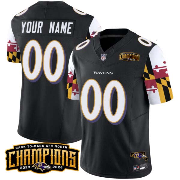 Ravens Maryland Flag Back To Back AFC North Champions Patch Vapor Limited Custom Jersey – All Stitched
