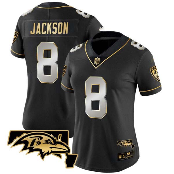 Women’s Lamar Jackson Ravens Maryland Patch Vapor Limited Jersey – All Stitched – Black Gold