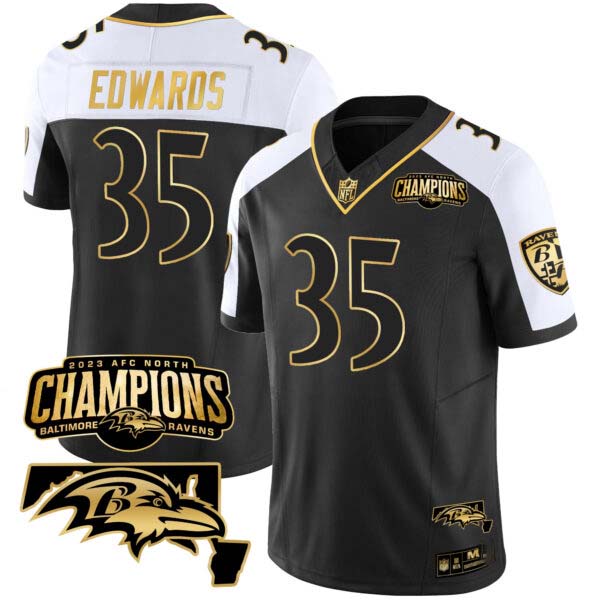 Men’s Ravens 2023 AFC North Champions & Maryland Patch Gold Vapor Jersey – All Stitched