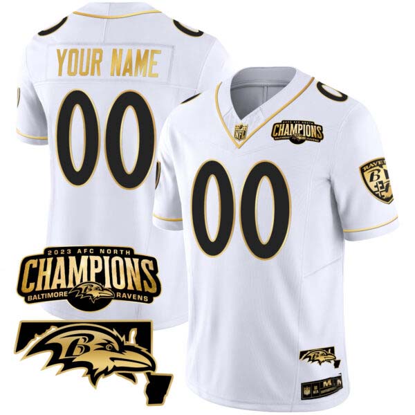 Ravens 2023 AFC North Champions & Maryland Patch Gold Vapor Custom Jersey – All Stitched