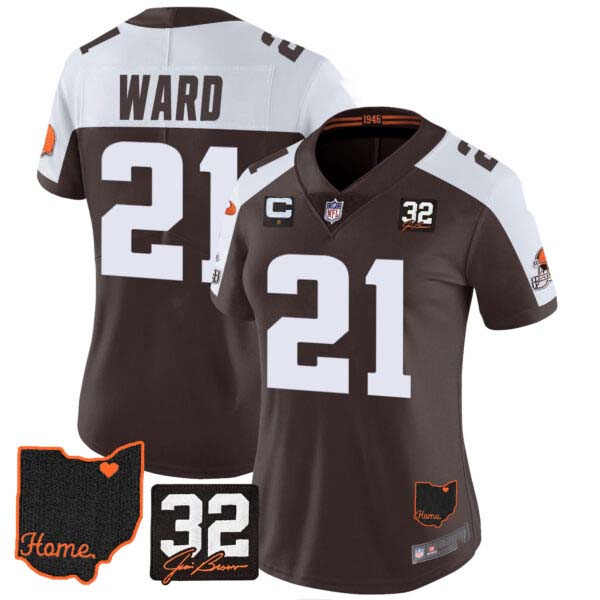 Women’s Browns #32 Jim Brown Memorial & Home Patch Jersey V3 – All Stitched