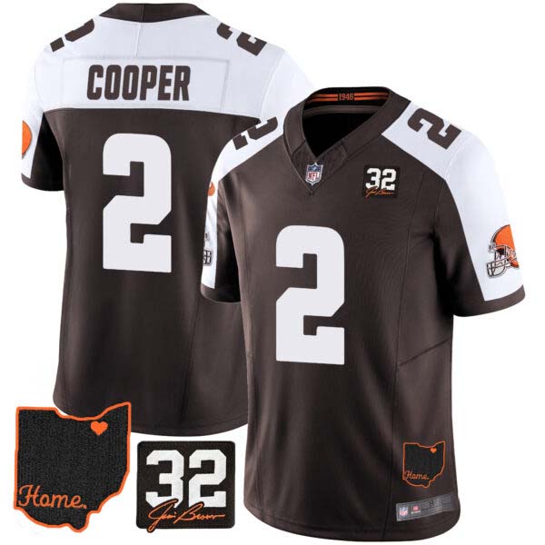 Men’s Browns #32 Jim Brown Memorial & Home Patch Jersey V3 – All Stitched