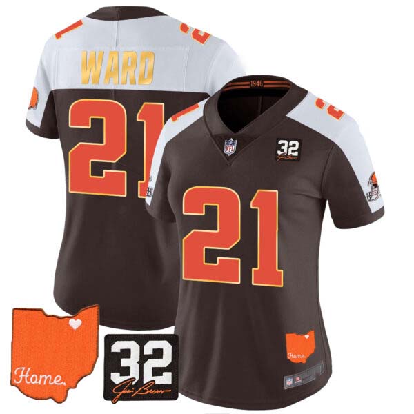 Women’s Browns #32 Jim Brown Memorial & Home Patch Gold Trim Jersey – All Stitched