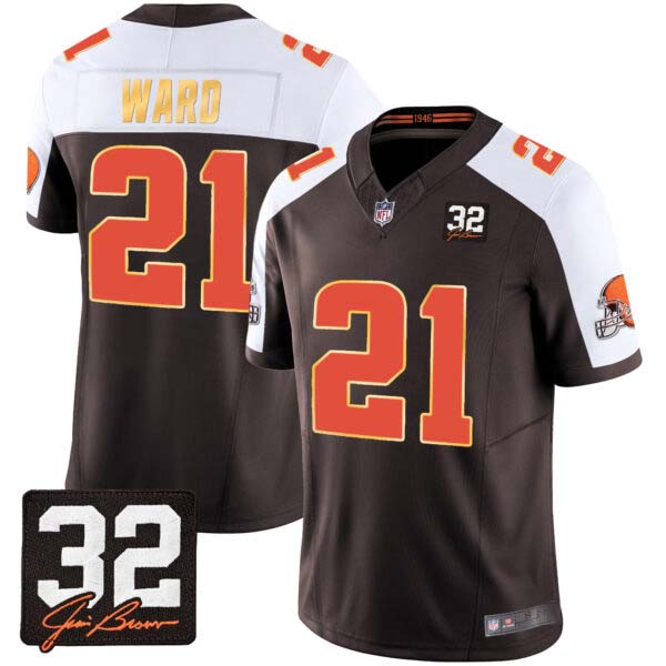 Men’s Browns #32 Jim Brown Memorial Patch Gold Trim Jersey – All Stitched
