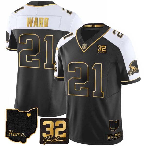 Men’s Browns #32 Jim Brown Memorial & Home Patch Gold Jersey – All Stitched