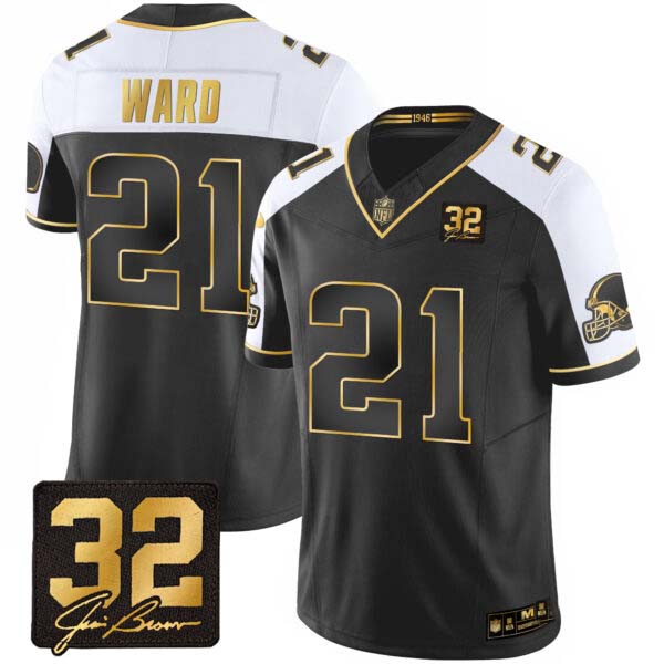 Men’s Browns #32 Jim Brown Memorial Patch Gold Jersey – All Stitched