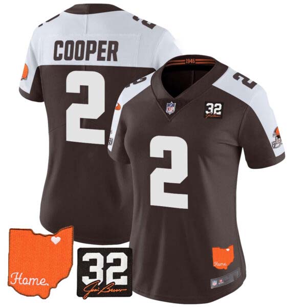 Women’s Browns #32 Jim Brown Memorial & Home Patch Vapor Limited Jersey – All Stitched