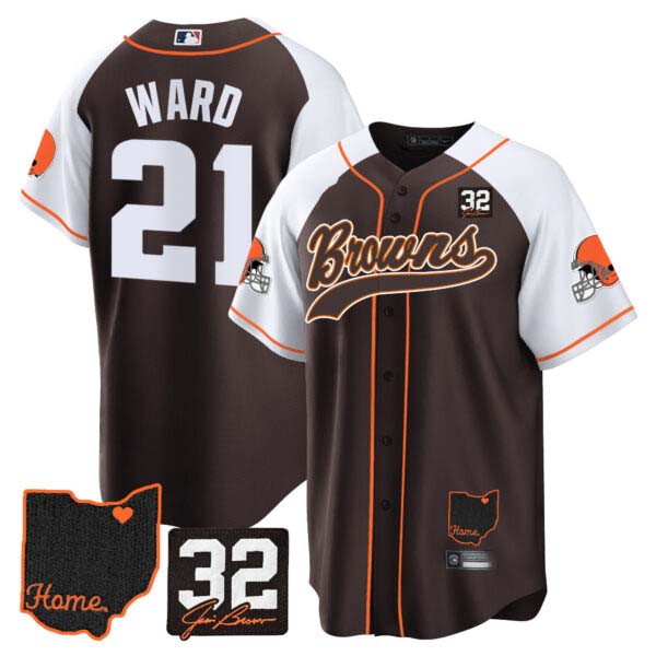 Men’s Browns #32 Jim Brown Memorial & Home Patch Baseball Jersey V2 – All Stitched