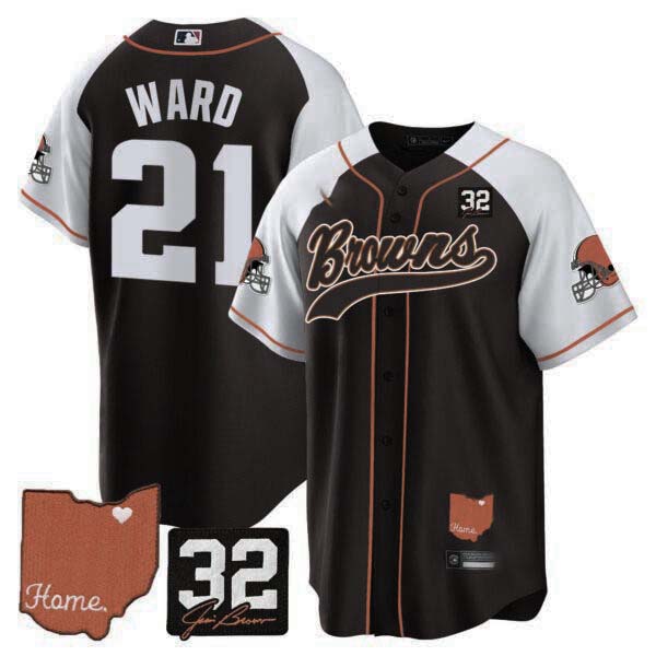 Men’s Browns #32 Jim Brown Memorial & Home Patch Baseball Jersey – All Stitched