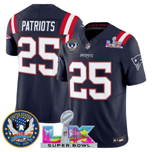 Men’s New England Patriots Super Bowl LX & United States 250th Patch Vapor Limited Jersey – All Stitched