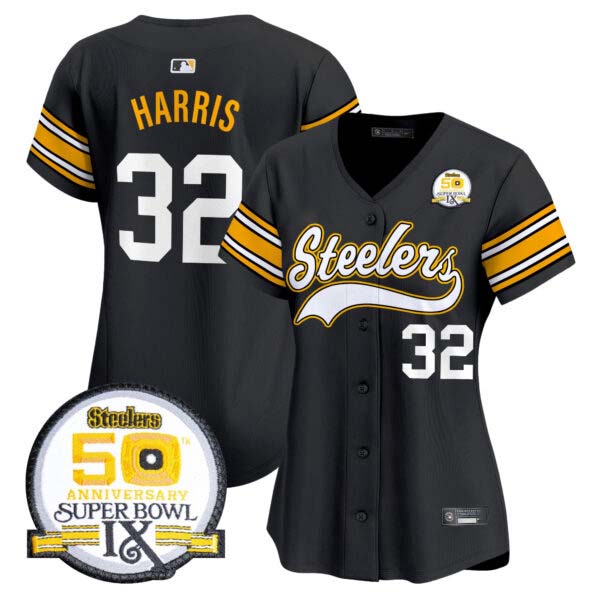 Women’s Steelers 50th Anniversary Of Super Bowl IX Patch Vapor Premier Baseball Jersey – All Stitched