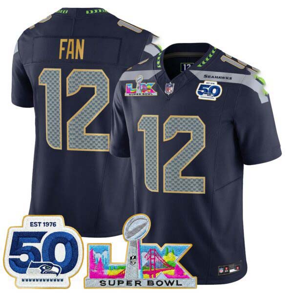 Men’s Seattle Seahawks “Super Bowl LX & 50th Patch” Gold Trim Vapor Limited Jersey – All Stitched