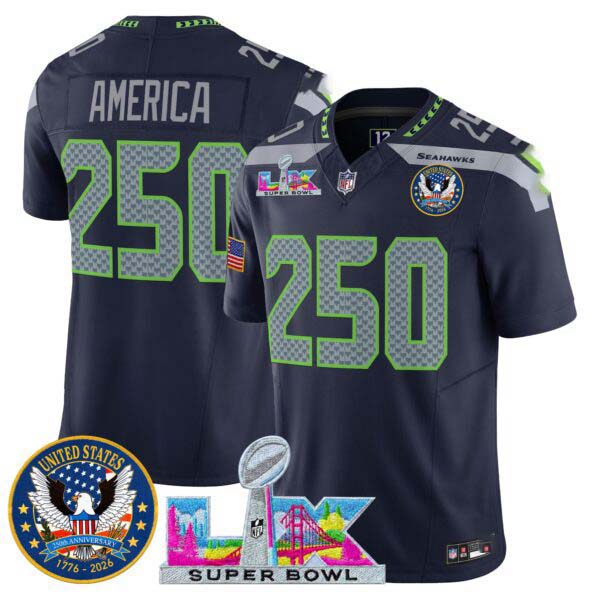 Men’s Seattle Seahawks “Super Bowl LX & United States 250th Patch” Vapor Limited Jersey – All Stitched