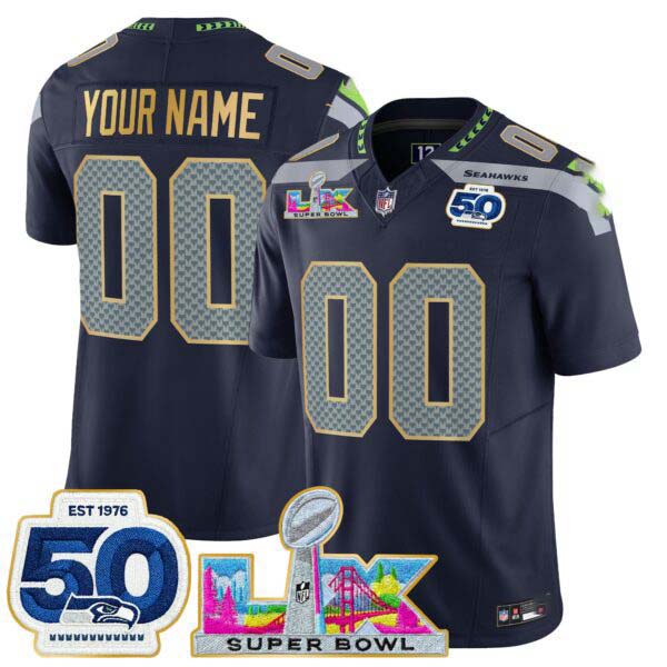 Seattle Seahawks “Super Bowl LX & 50th Patch” Gold Trim Vapor Limited Custom Jersey – All Stitched