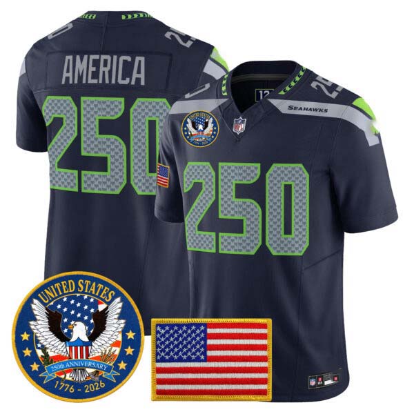 Men’s Seattle Seahawks “United States 250th Anniversary Patch” Vapor Limited Jersey – All Stitched