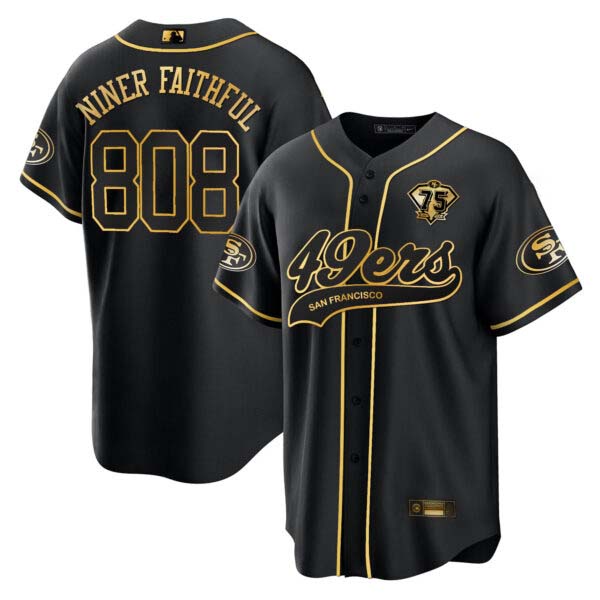 Niner Faithful #808 San Francisco 49ers Black Gold Baseball Jersey – All Stitched