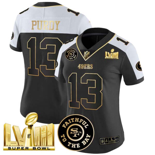 Women’s 49ers Faithful & Super Bowl LVIII Gold Patch Vapor Jersey V2 – All Stitched