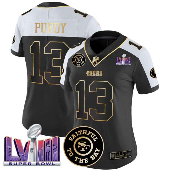 Women’s 49ers Faithful & Super Bowl LVIII Patch Vapor Jersey V2 – All Stitched