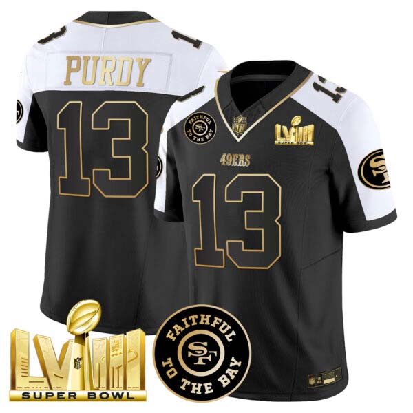 Men’s 49ers Faithful & Super Bowl LVIII Gold Patch Vapor Jersey V2 – All Stitched