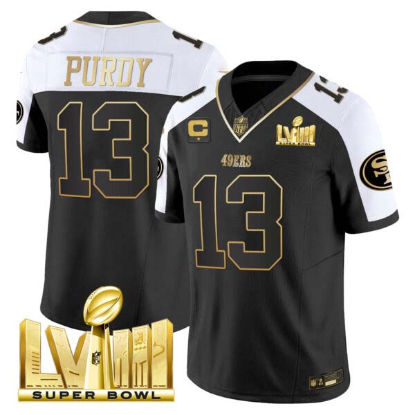 Men’s 49ers Super Bowl LVIII Gold Patch Vapor Jersey V2 – All Stitched
