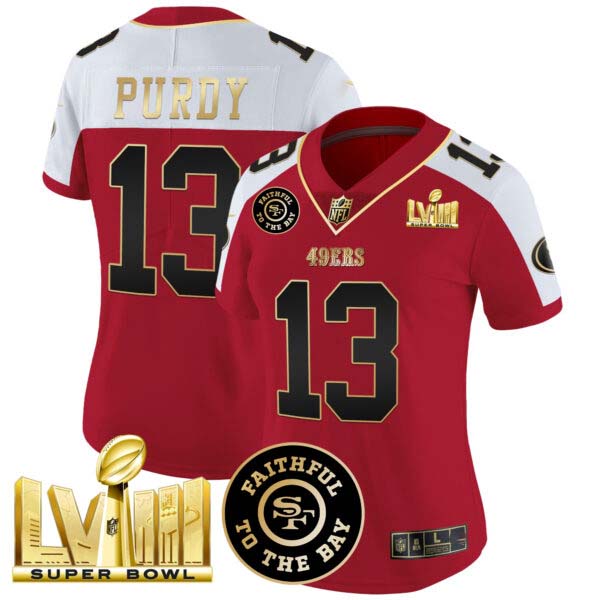 Women’s 49ers Faithful & Super Bowl LVIII Gold Patch Vapor Jersey – All Stitched
