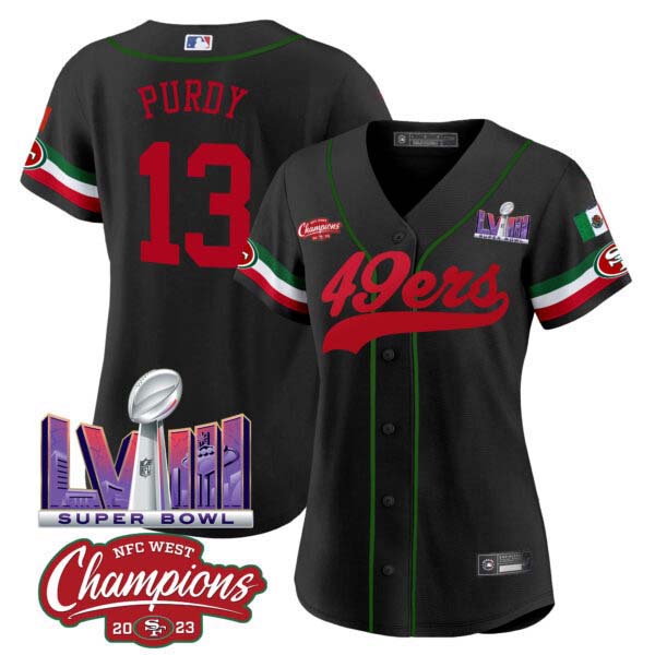 Women’s 49ers Mexico NFC West Champions & Super Bowl LVIII Patch Baseball Jersey – All Stitched