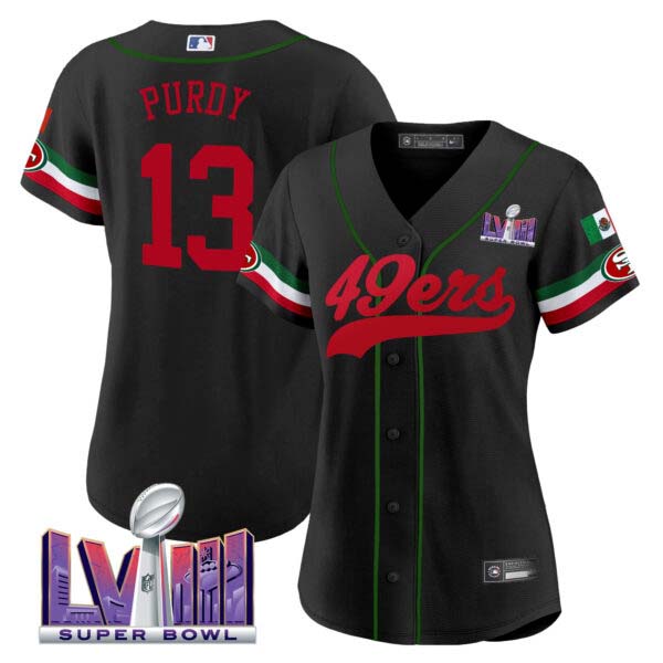 Women’s 49ers Mexico Super Bowl LVIII Patch Baseball Jersey – All Stitched