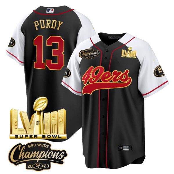 Men’s 49ers NFC West Champions & Super Bowl LVIII Gold Patch Baseball Jersey – All Stitched