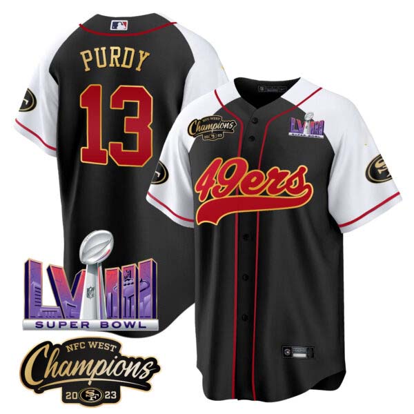 Men’s 49ers NFC West Champions & Super Bowl LVIII Patch Baseball Jersey – All Stitched