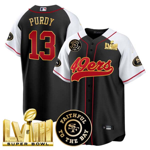 Men’s 49ers Faithful & Super Bowl LVIII Gold Patch Baseball Jersey – All Stitched