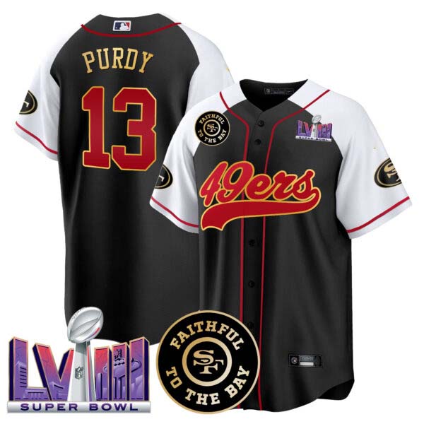 Men’s 49ers Faithful & Super Bowl LVIII Patch Baseball Jersey – All Stitched