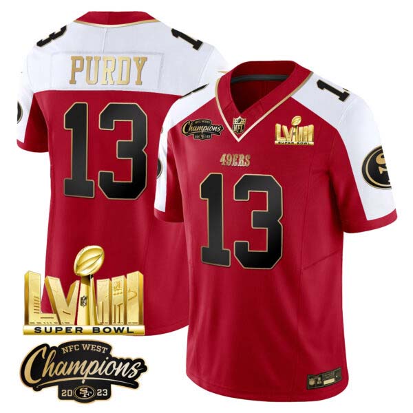 Men’s 49ers NFC West Champions & Super Bowl LVIII Gold Patch Vapor Jersey V2 – All Stitched