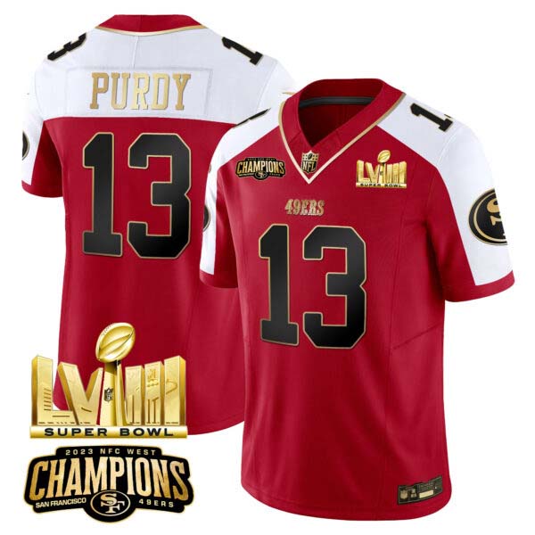 Men’s 49ers NFC West Champions & Super Bowl LVIII Gold Patch Vapor Jersey – All Stitched