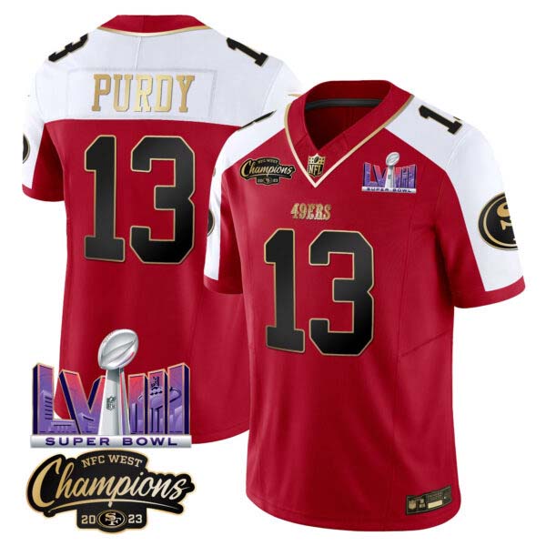 Men’s 49ers NFC West Champions & Super Bowl LVIII Patch Vapor Jersey V2 – All Stitched