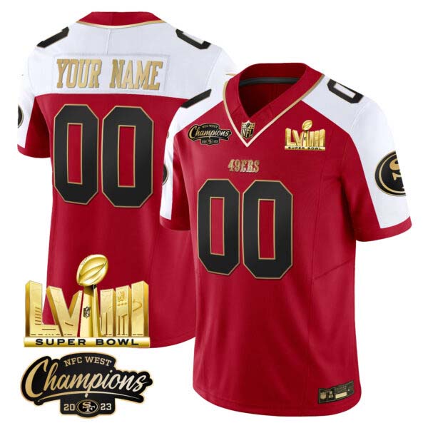 49ers NFC West Champions & Super Bowl LVIII Gold Patch Vapor Custom Jersey V2 – All Stitched