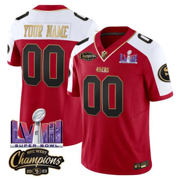 49ers NFC West Champions & Super Bowl LVIII Patch Vapor Custom Jersey V2 – All Stitched