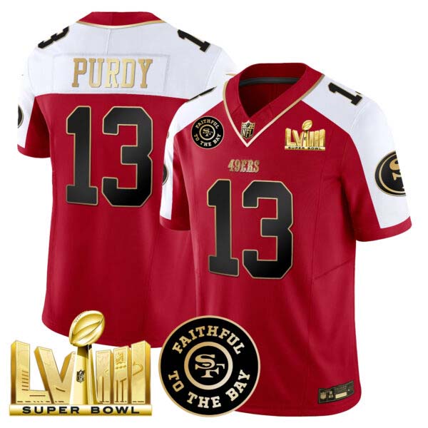 Men’s 49ers Faithful & Super Bowl LVIII Gold Patch Vapor Jersey – All Stitched
